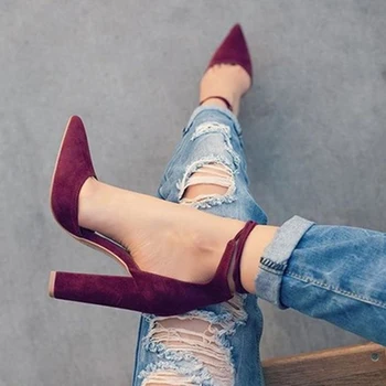 GAOKE 6 Colors Pointed Strappy Pumps Sexy Retro Thick Heels