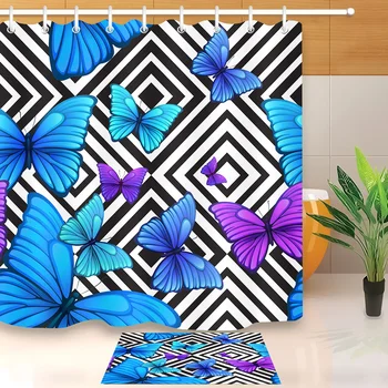 LB Blue Butterfly Black And White Shower Curtains Geometric Bathroom Curtain Fabric Polyester With Mat Set for Bathtub Decor
LB Blue Butterfly Black And White Shower Curtains Geometric Bathroom Curtain Fabric Polyester With Mat Set for Bathtub Decor