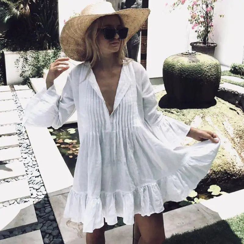 Women Summer Long Flare Sleeve Bikini Swimsuit Cover Up Oversized Pleated Button V-Neck Blouse Pullover Tunic Tops Ruffles Hem B
Women Summer Long Flare Sleeve Bikini Swimsuit Cover Up Oversized Pleated Button V-Neck Blouse Pullover Tunic Tops Ruffles Hem B