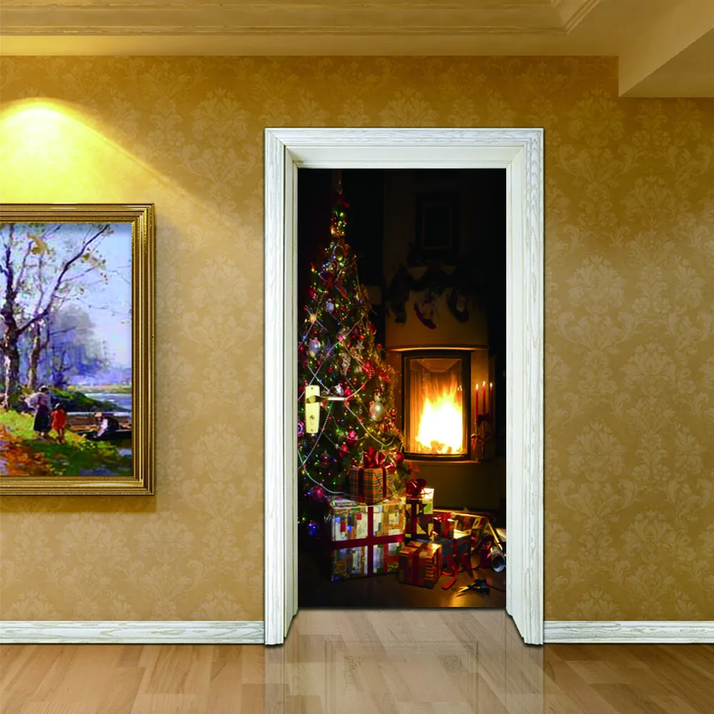 3D наклейки на стену в виде рождественской двери настенный плакат с изображением