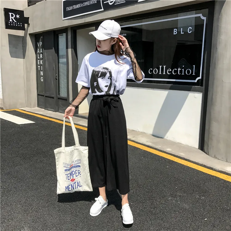 Plus Size - Casual Elastic Waist Loose Wide Leg Pants Preppy Style Trousers Female Palazzo Pants (Us 18W-20W)