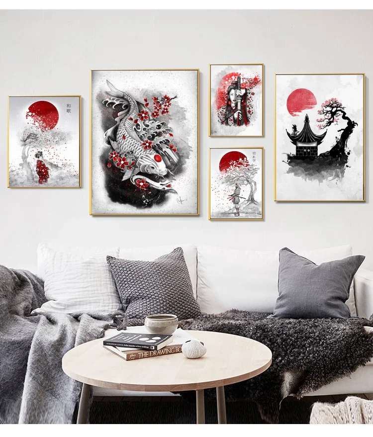 Японский стиль солнце цветение вишни рыба воин гейши Искусство Холст стены