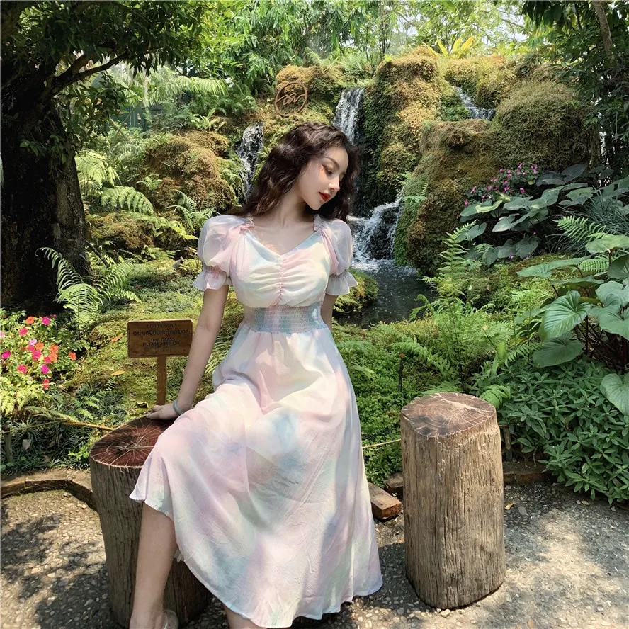 2019 New Women Vintage Colourful Puff Sleeve V-neck Chiffon Long Dress Summer Lolita Sweet Pink Green Slim Vestido Dresses Femme
2019 New Women Vintage Colourful Puff Sleeve V-neck Chiffon Long Dress Summer Lolita Sweet Pink Green Slim Vestido Dresses Femme