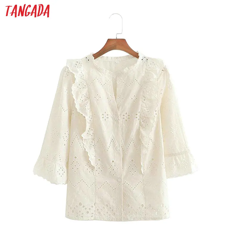 Tangada women white embroidery blouse hollow out v neck ruffles sweet three quarter sleeve shirts female chic tops 1D306
Tangada women white embroidery blouse hollow out v neck ruffles sweet three quarter sleeve shirts female chic tops 1D306