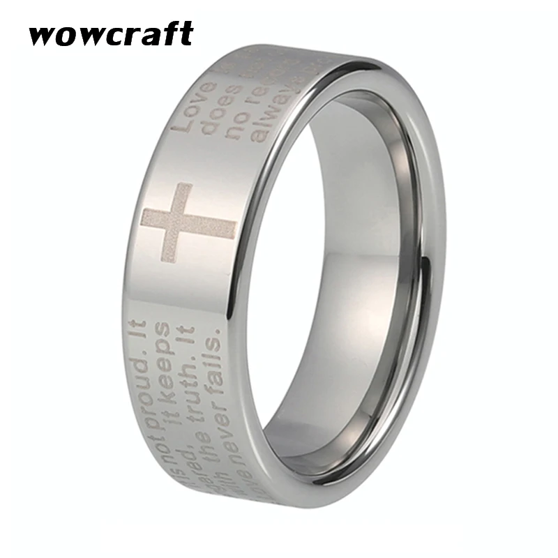 

8mm Tungsten Carbide Rings for Men Women Laser Engraved ring with Christian Scripture Cross Praying Comfort Fit