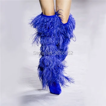 

New Luxury Fetish Womens Runway Shoes Black White Blue Sexy Long Botas Pointed Toe Stiletto Heels Strappy Fringe Knee High Boots