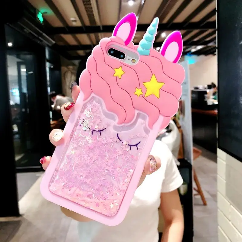 

HereCase for 3D Cartoon Pink Quicksand Unicorn Soft Silicone Liquid Stars Case for IPhone 6 6S 7 8 PLUS for Iphone 10 X case