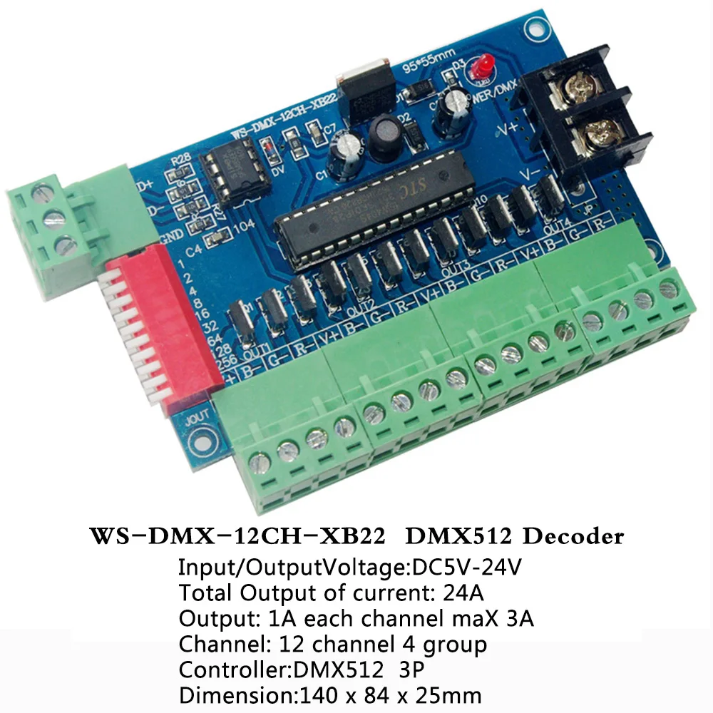 12CH DMX512 constant voltage common anode Controller LED Decoder;5~24V;output 1A each channel max 3A;Total output of current 24A
12CH DMX512 constant voltage common anode Controller LED Decoder;5~24V;output 1A each channel max 3A;Total output of current 24A