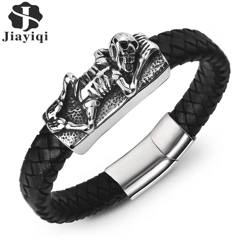 Jiayiqi Punk Leather Bracelet Men Skull Charm Braid Bangle Rock Stainless Steel Magnetic Clasp Male Wrist Band Handmade Jewelry
Jiayiqi Punk Leather Bracelet Men Skull Charm Braid Bangle Rock Stainless Steel Magnetic Clasp Male Wrist Band Handmade Jewelry