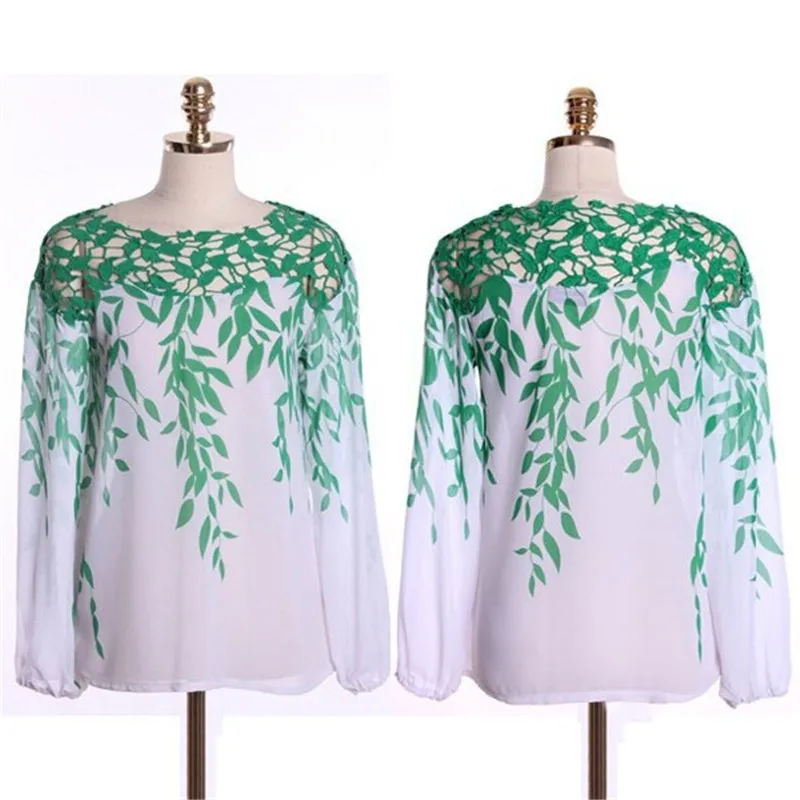 Fashion Women Green Leaf Hollowed Lace Crochet Chiffon Top Long Sleeve Blouse