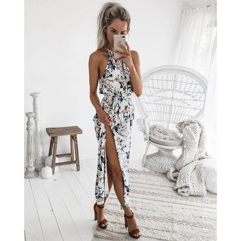 2019 Summer Women Hot Sexy Hanging Neck High Design Slit Waist Dress Flower Print Fashion Beach Party Long Dress 4-style F3
2019 Summer Women Hot Sexy Hanging Neck High Design Slit Waist Dress Flower Print Fashion Beach Party Long Dress 4-style F3