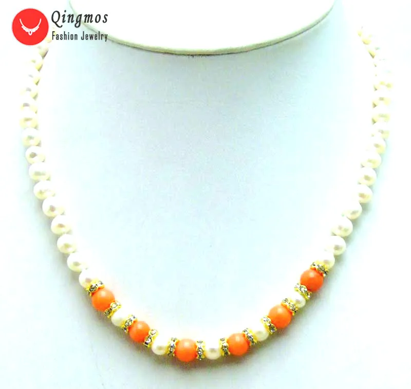 

Qingmos Trendy Natural Pearl Chokers Necklace for Women with 6mm Pink Coral & 6-7mm White Pearl Necklace 17" Fine Jewelry-5837