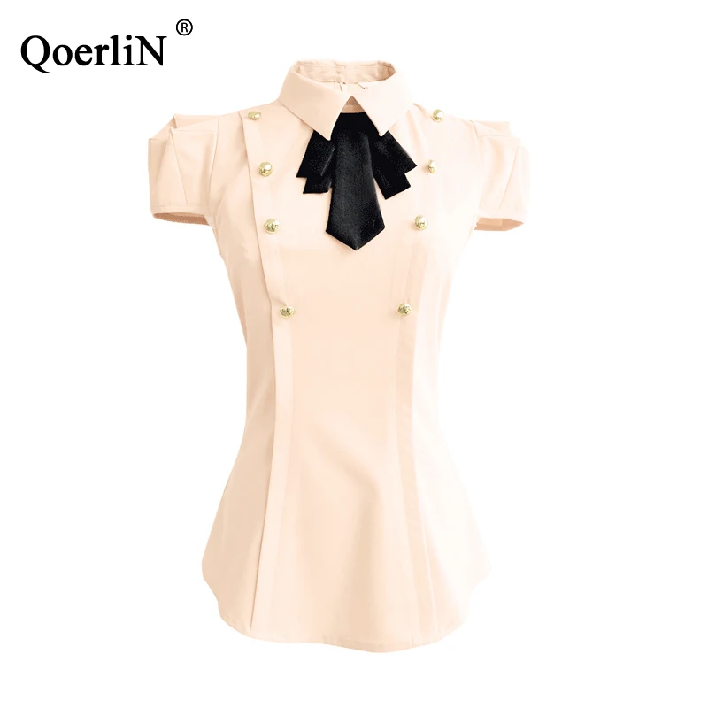 QoerliN Elegant Office Women Blouse Plus Size Bowtie Short Sleeve Vintage Double-Breasted Button Slim Tops OL Ladies S-XL |