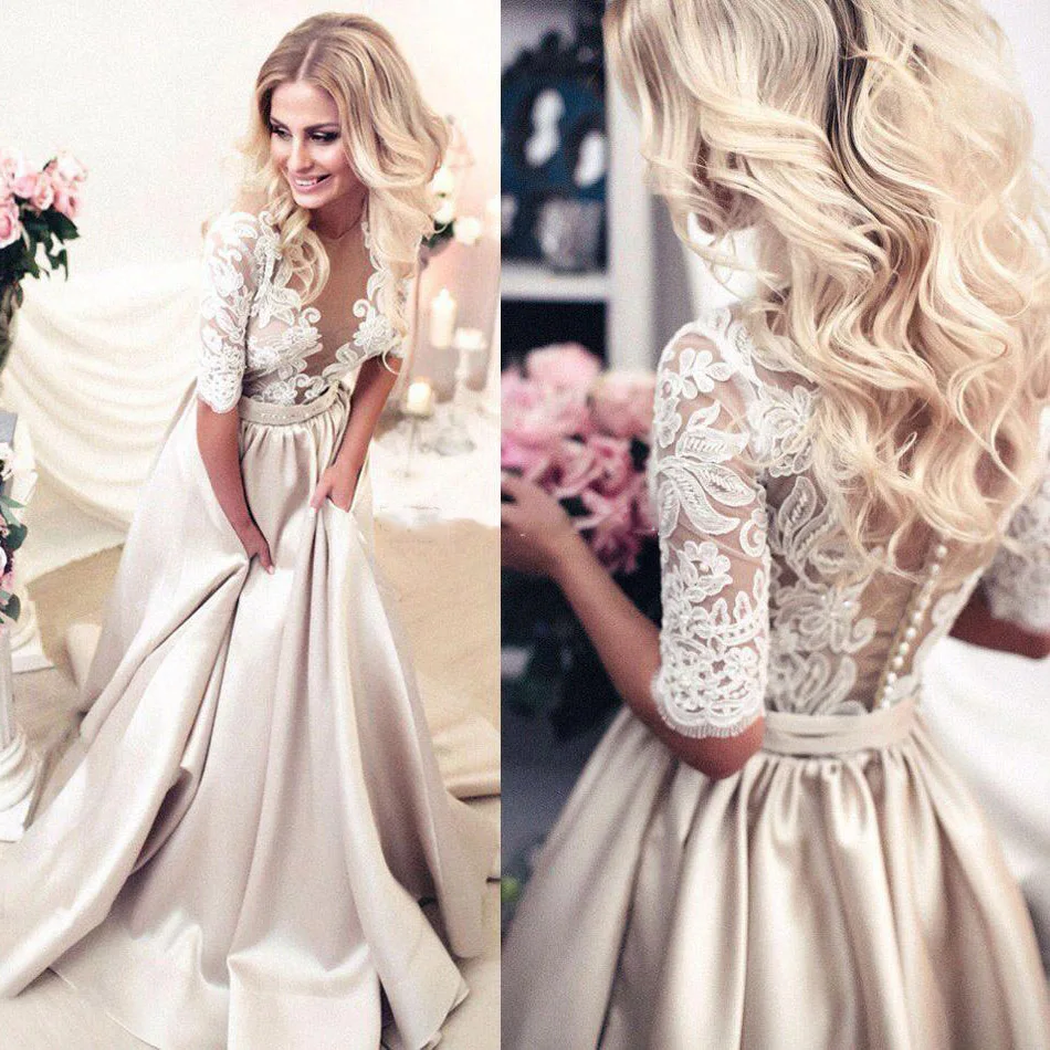 Champagne Lace Long Vestido De Noiva With Appliques Half Sleeves Pearls A-line Custom Made Formal Party Gowns Vestido Longo
Champagne Lace Long Vestido De Noiva With Appliques Half Sleeves Pearls A-line Custom Made Formal Party Gowns Vestido Longo