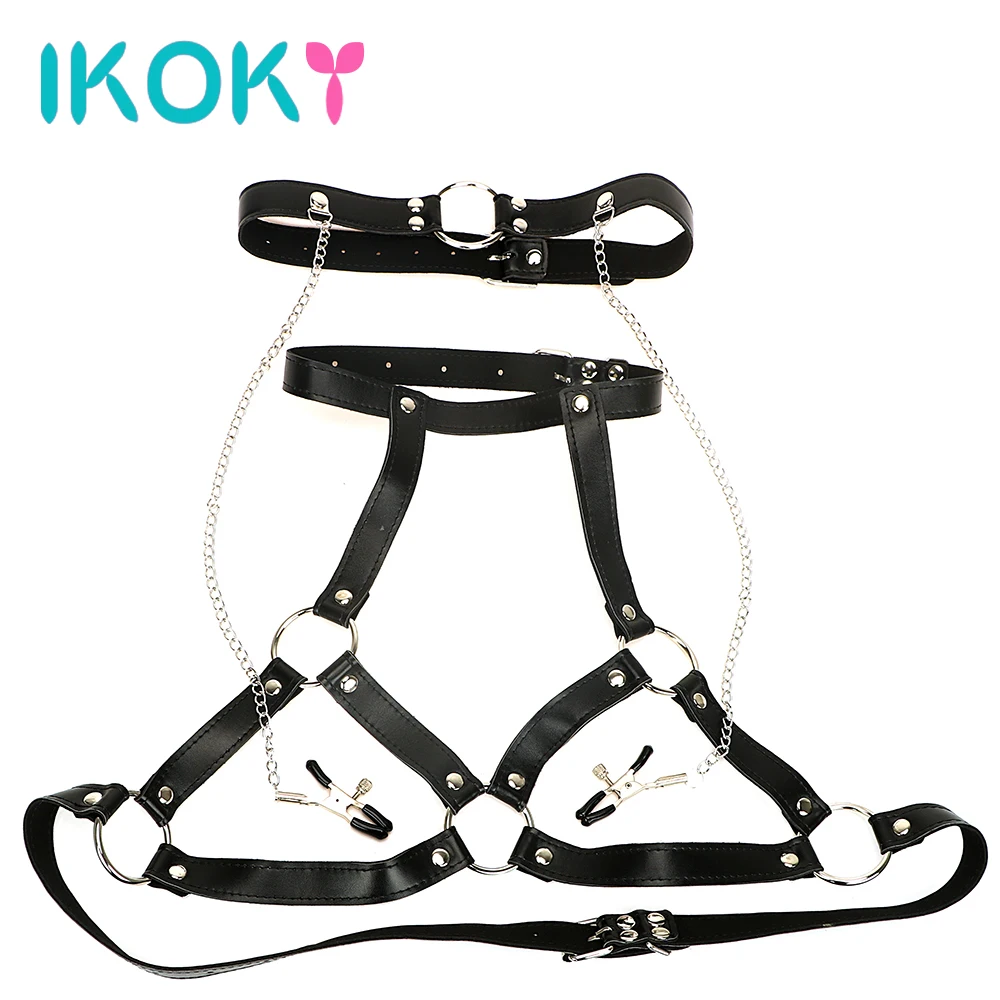 

IKOKY Sex Toys For Women Restraints PU Leather Breast Clips Body Harness O Ring SM Bondage Nipple Clamps Fetish Mouth Gag