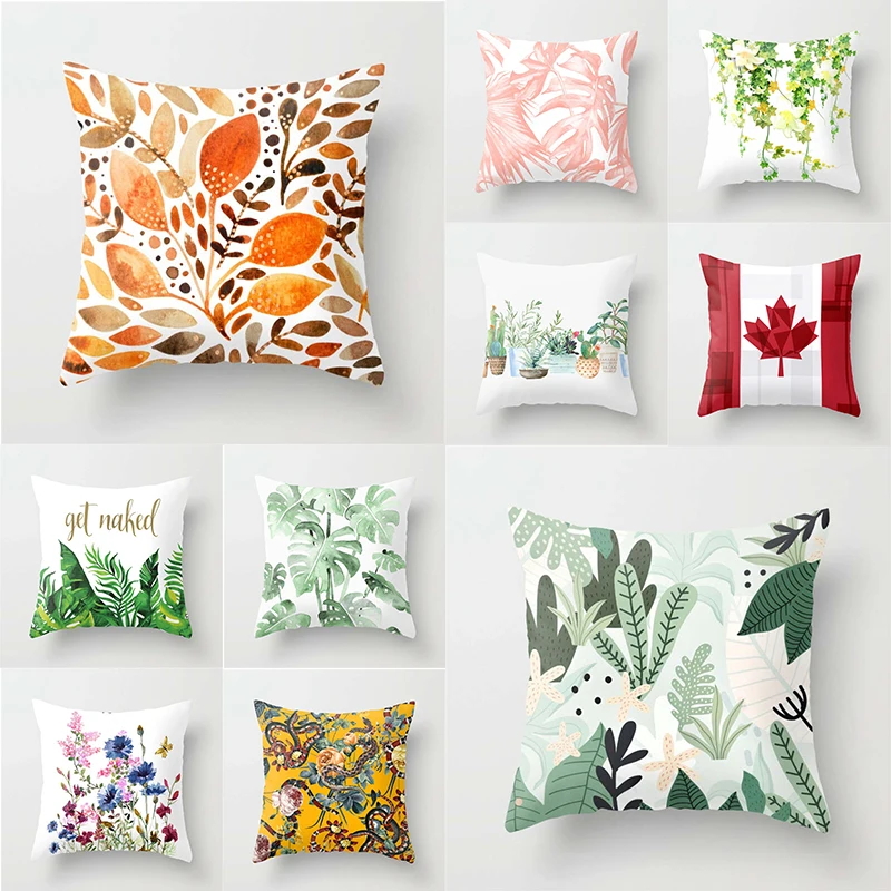 

Hot Green Cushion Cover 45x45cm Printed Monstera Polyester Lines Flowers Throw Pillow Covers Plants Red Maple Leaves Pillowcases