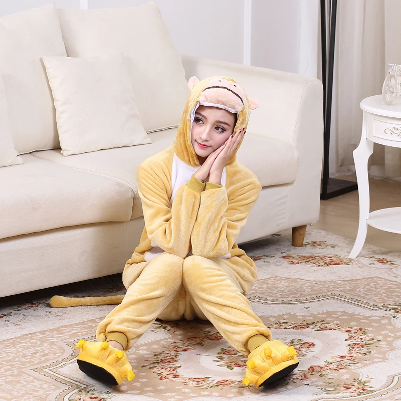 Cute Yellow Monkey Kigurumi Animal Soft Flannel Onesies For Adult Men Winter One-Piece Pajamas Halloween Party Cosplay Costume (6)