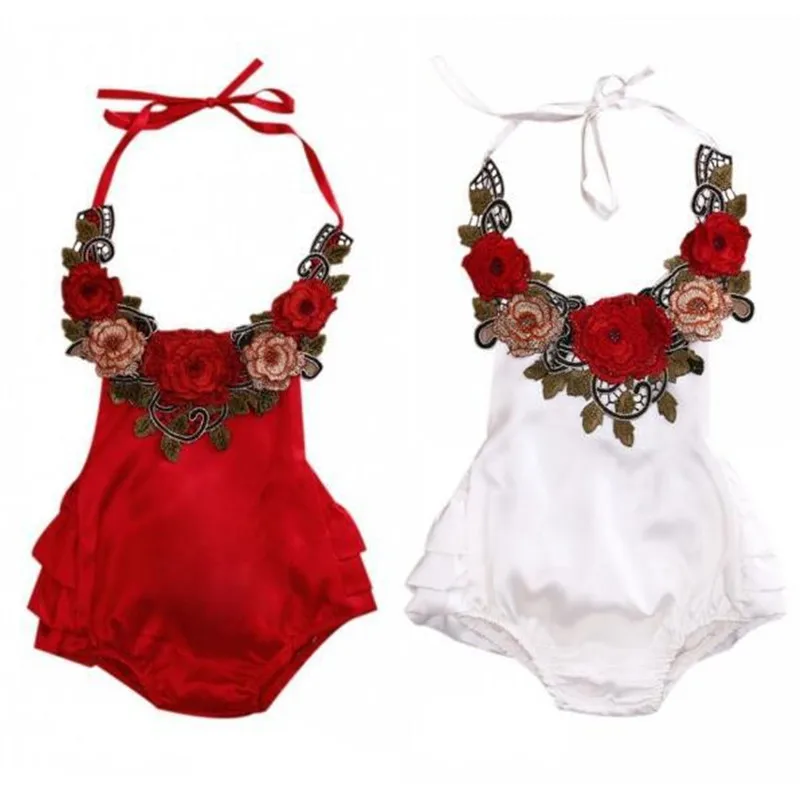 Summer Baby Clothes Big Flower Embroider Ruffle Baby Girls Bodysuit Halter Soft Satin Baby Girls Outfit Floral Kids Clothes (1)