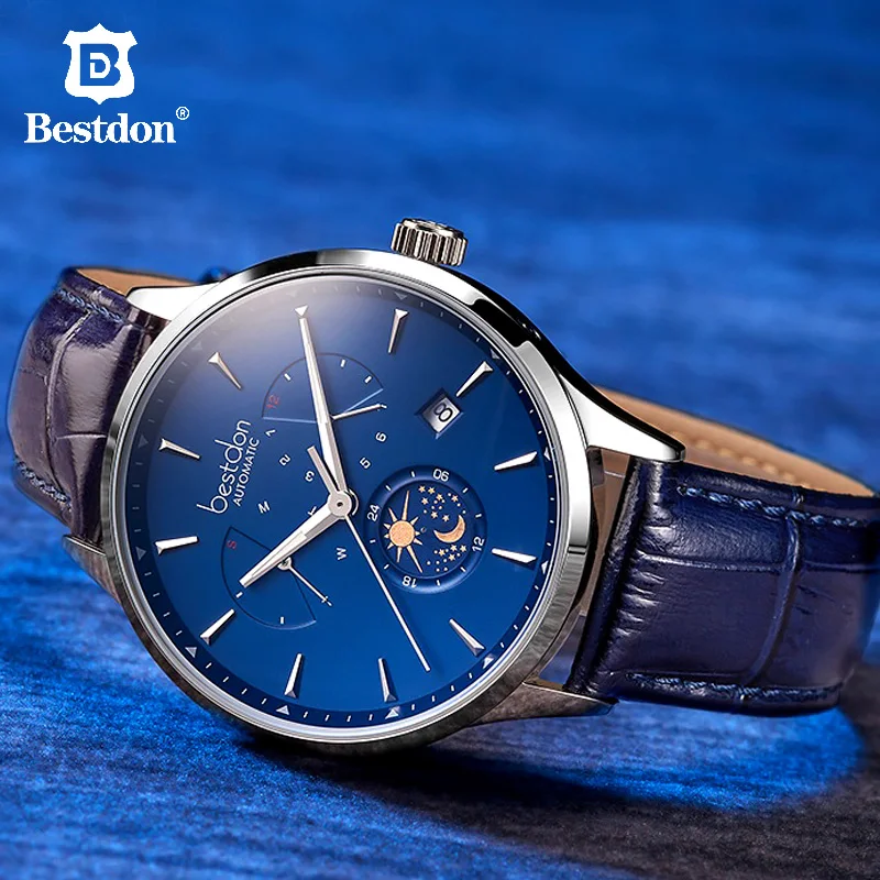 Bestdon Switzerland Luxury Brand Mechanical Watch Automatic Men Moon Phase Blue Leather Wristwatch Transparent Bottom Cover New
Bestdon Switzerland Luxury Brand Mechanical Watch Automatic Men Moon Phase Blue Leather Wristwatch Transparent Bottom Cover New