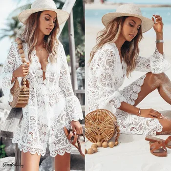 Women Holiday Beach Bikini Cover Up Hollow Lace Crocket Boho Casual Party Swimwear Mini Dress Bathing Suit Sundress 
Women Holiday Beach Bikini Cover Up Hollow Lace Crocket Boho Casual Party Swimwear Mini Dress Bathing Suit Sundress