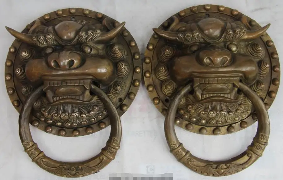 14 "Китайский Бронзовый Медь Foo Dog охранник лев тигр головой дверная ручка