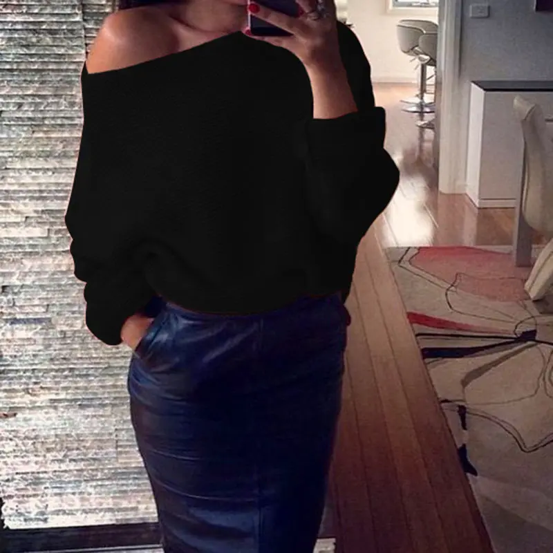 Sexy Off Shoulder Sweater Women Autumn 2018 Streetwear Solid Color Loose Round Neck Long Sleeve Pullover Tops Roupas Feminina (3)