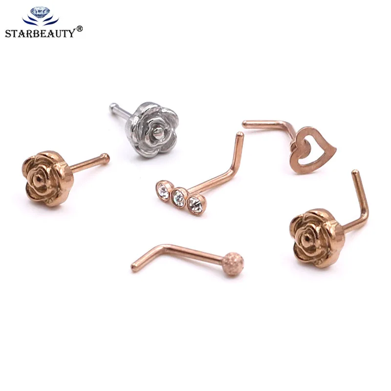 New Arrival Bone L Shape 1Pc Rose gold Nosestud Flower Rainstone Surgical Steel Nose Stud Tragus Screw | Украшения и аксессуары