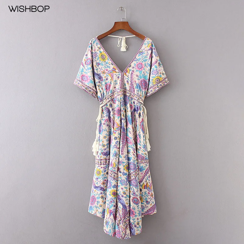 WISHBOP 2017 NEW Woman Printing V-neck Short Sleeved Asymmetrical DRESS Back with fringed tied Strechable Waist
WISHBOP 2017 NEW Woman Printing V-neck Short Sleeved Asymmetrical DRESS Back with fringed tied Strechable Waist