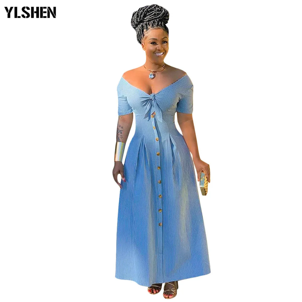 2019 Summer Maxi Dress Women Stripes Tie Up Off Shoulder V-neck Short Sleeve High Waist Beach Bohemian Dresses Sexy Robe Femme
2019 Summer Maxi Dress Women Stripes Tie Up Off Shoulder V-neck Short Sleeve High Waist Beach Bohemian Dresses Sexy Robe Femme