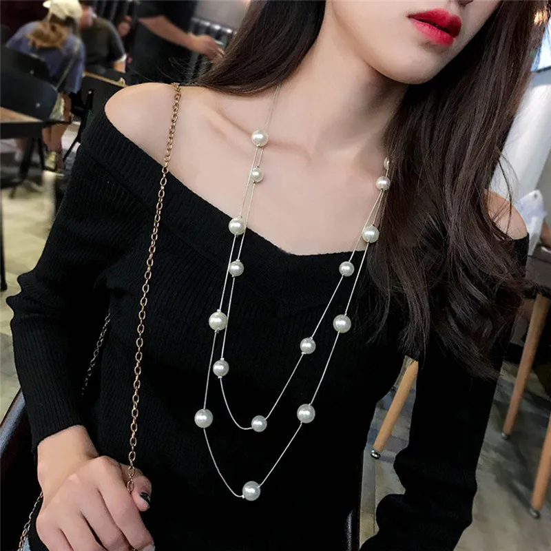 Charm Double Layer Simulated Pearls Necklace Choker Clavicle Fashion Sweater Chain Long Necklace Women Statement Jewelry ketting
Charm Double Layer Simulated Pearls Necklace Choker Clavicle Fashion Sweater Chain Long Necklace Women Statement Jewelry ketting
