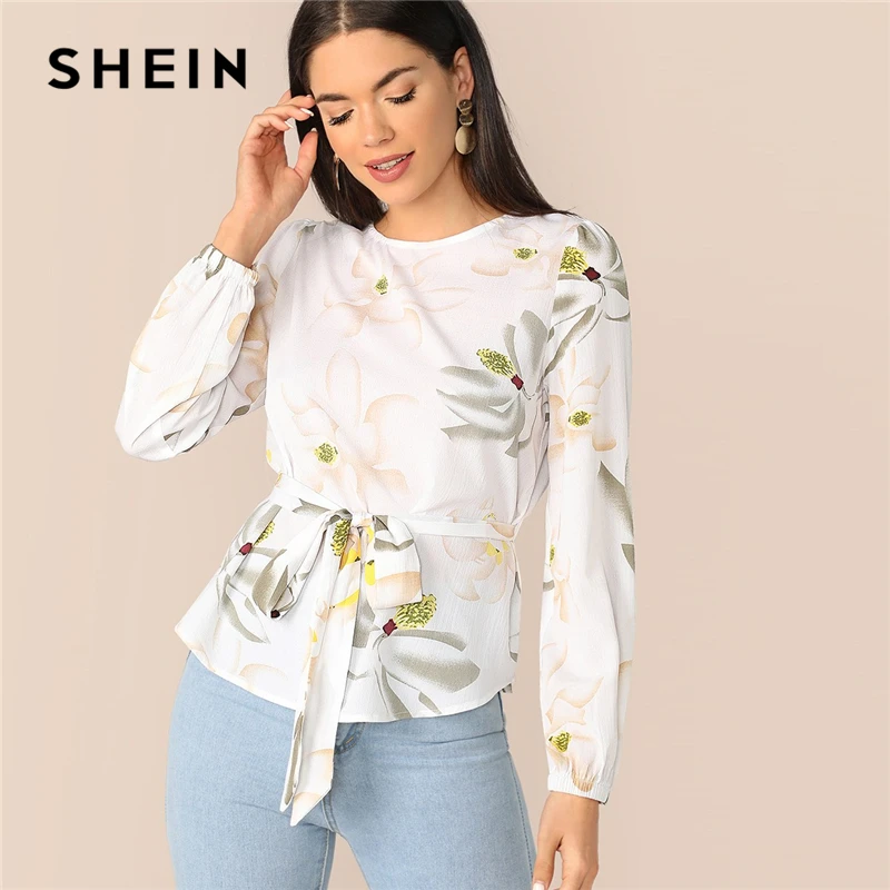 

SHEIN White Curved Hem Floral Print Belted Top Round Neck Bishop Sleeve Blouse Women Spring Casual Office Lady Tops and Blouses