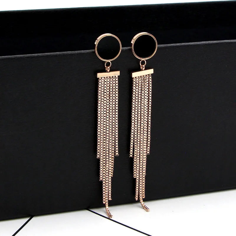 Fashion Stainless Steel Love Black Round Long Tassel Chain Drop Earrings Rose Gold Color Women Party Wedding Gift
Fashion Stainless Steel Love Black Round Long Tassel Chain Drop Earrings Rose Gold Color Women Party Wedding Gift