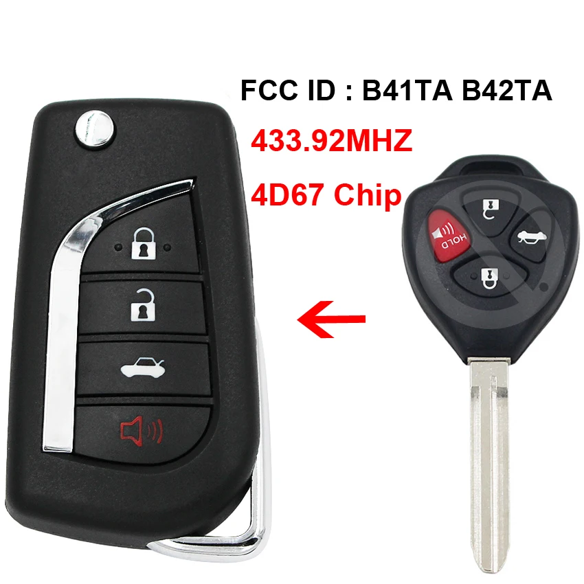 3+1/4 Button Upgraded Folding Flip Remote Key 433.92Mhz 4D67 Chip FCC ID: B41TA B42TA for Toyota Camry Corolla Hilux 2005-2008
3+1/4 Button Upgraded Folding Flip Remote Key 433.92Mhz 4D67 Chip FCC ID: B41TA B42TA for Toyota Camry Corolla Hilux 2005-2008