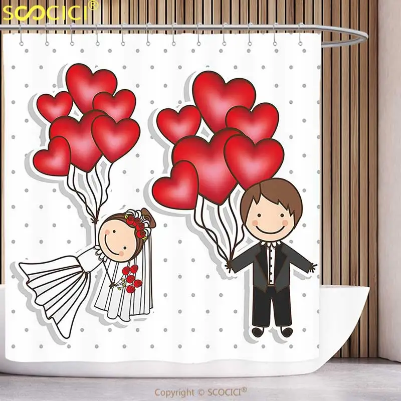 Decorative Shower Curtain Wedding Decorations Funny Cute Cartoon Style Newlyweds with Heart Shaped Balloons Dots Red White Black
Decorative Shower Curtain Wedding Decorations Funny Cute Cartoon Style Newlyweds with Heart Shaped Balloons Dots Red White Black