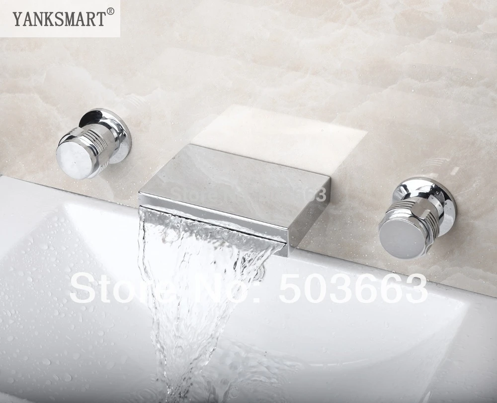 

YANKSMART Newly Waterfall Wall Mounted Bathroom Basin Sink Bathtub Polished Chrome Double Handles Mixer Tap Faucet MF-824