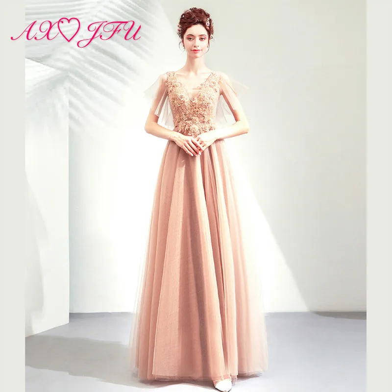 AXJFU Princess golden champagne lace evening dress vintage v neck illusion beading flower pearls evening dress 4817
AXJFU Princess golden champagne lace evening dress vintage v neck illusion beading flower pearls evening dress 4817