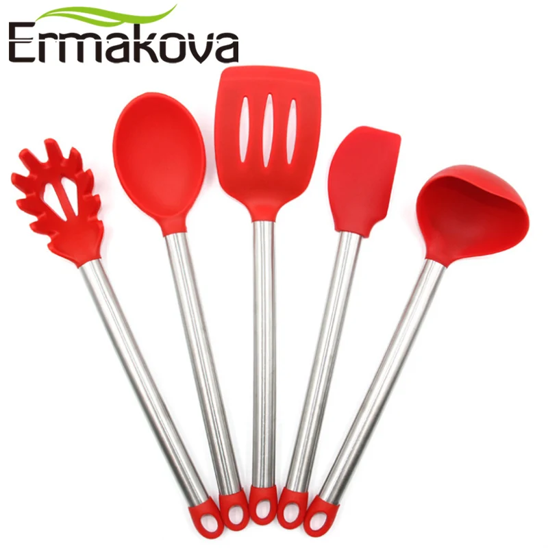 ERMAKOVA 5 Pcs/Set Silicone Pasta Fork Turner Spatula Ladle Cooking Spoon Stainless Steel Handle Kitchen Cooking Utensils Set
ERMAKOVA 5 Pcs/Set Silicone Pasta Fork Turner Spatula Ladle Cooking Spoon Stainless Steel Handle Kitchen Cooking Utensils Set