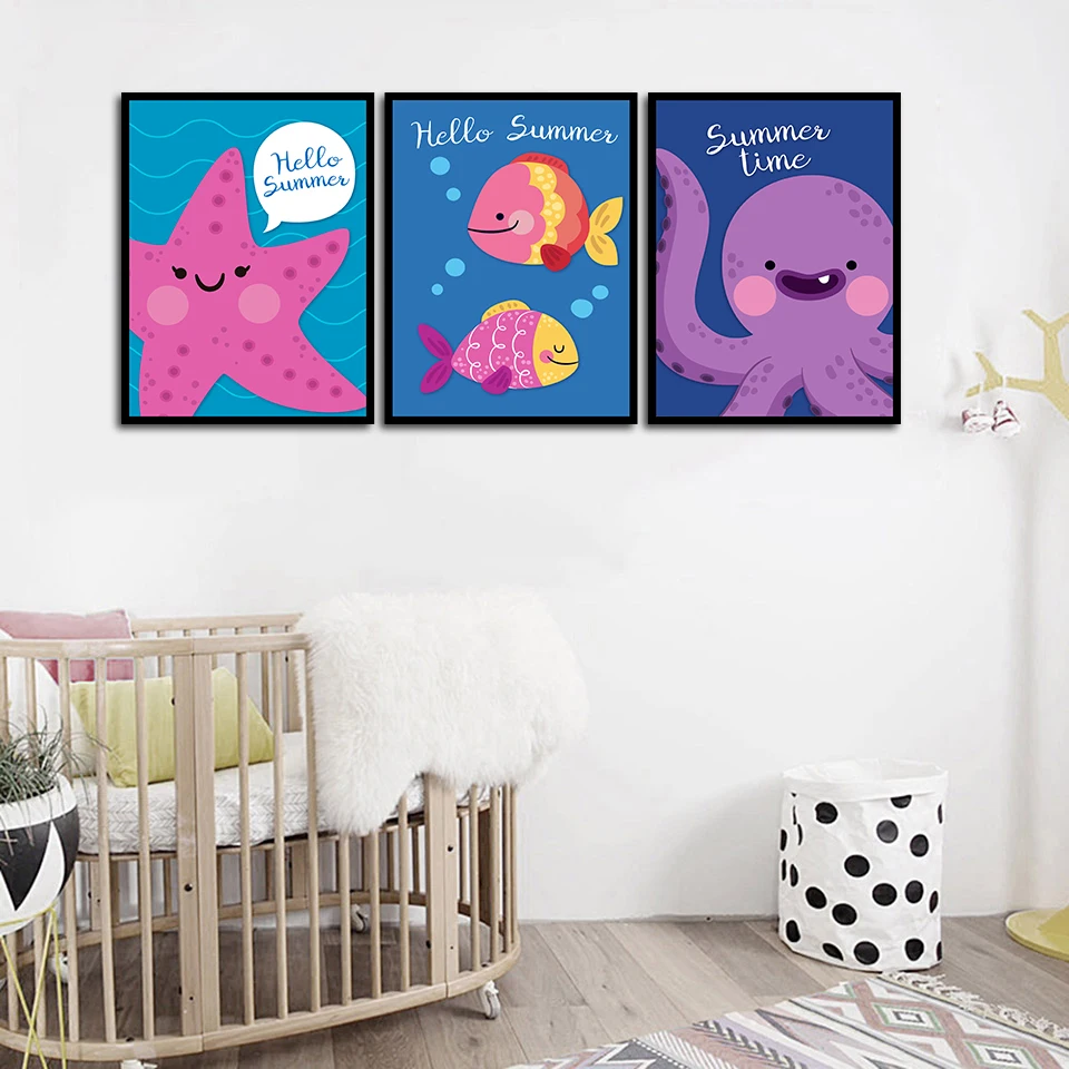 Cartoon Marine Animal Painting Nordic Style Poster Canvas Wall Art Print Starfish Fish Octopus Pictures For Kids Room Home Decor | Дом и сад