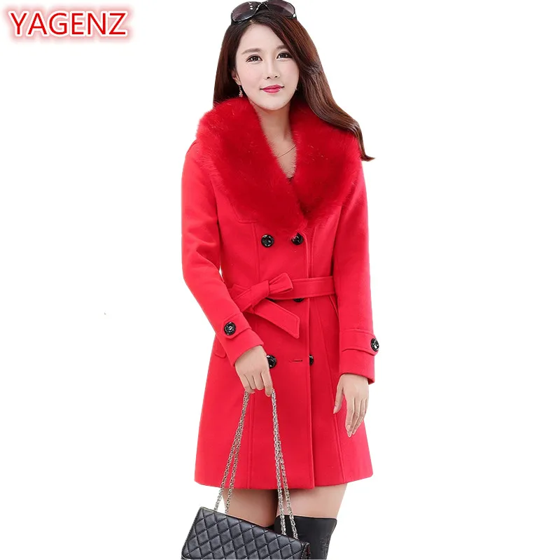 Image YAGENZ Women Woolen Coat Long Section Large Size Spring Autumn Women Clothing Red Coat Women Double breasted Fur Collar Tops 560