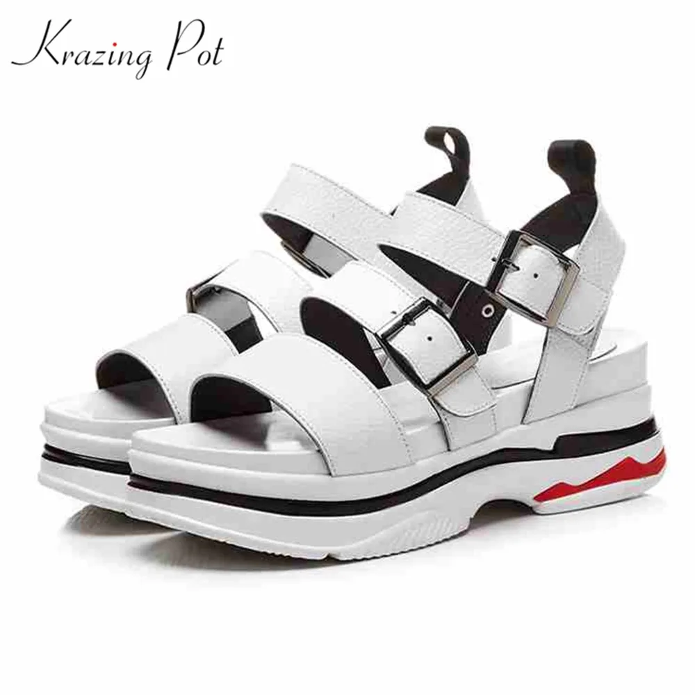 

Krazing Pot cow leather platform women sandals runway 8cm high heels thick bottom solid high quality leisure wedges shoes L01