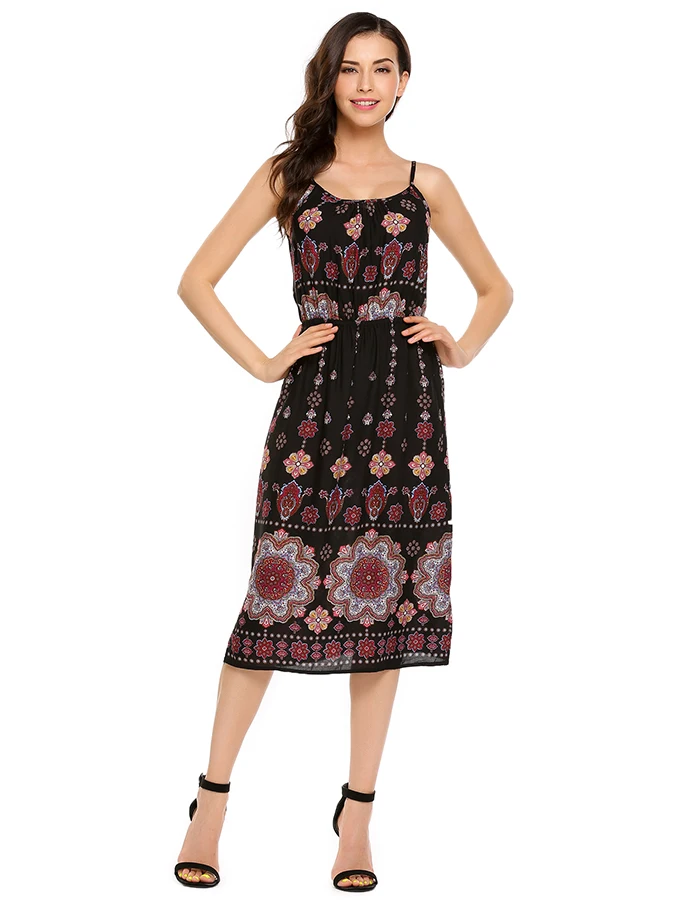 black Floral Print High Waist Midi Cami Dress