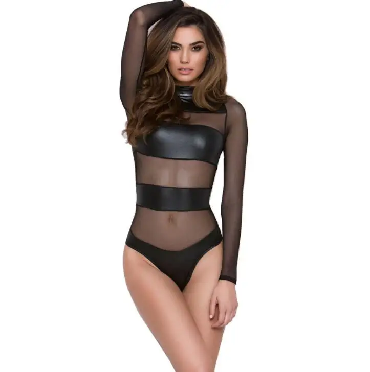 Long sleeve sexy leather jumpsuit women Mesh perspective rompers bodysuit combinaison femme mono mujer macacao feminino overalls
Long sleeve sexy leather jumpsuit women Mesh perspective rompers bodysuit combinaison femme mono mujer macacao feminino overalls