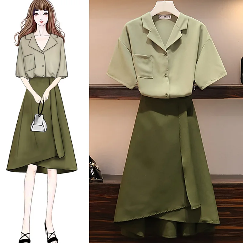 Fashion Smart Casual Shirts Top + A Line Skirt Suits Women Two Piece Set 2019 Summer 2 Pcs Skirt Set Green matching set Conjunto
Fashion Smart Casual Shirts Top + A Line Skirt Suits Women Two Piece Set 2019 Summer 2 Pcs Skirt Set Green matching set Conjunto