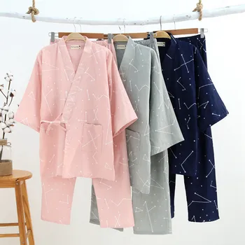 

Japanese Men And Women Cotton Gauze Kimono Pajamas Sets Spring Autumn Simple Yukata Nightgown Sleepwear Bathrobe Lover Homewear