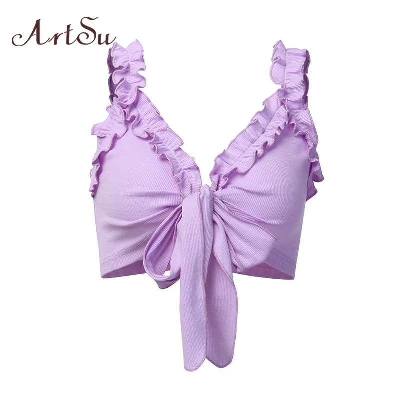 ArtSu Summer Tops V neck Sexy Ruffle Yellow Crop Top Off the Shoulder Backless Cami Top Purple Boho Streetwear ASVE20705
ArtSu Summer Tops V neck Sexy Ruffle Yellow Crop Top Off the Shoulder Backless Cami Top Purple Boho Streetwear ASVE20705