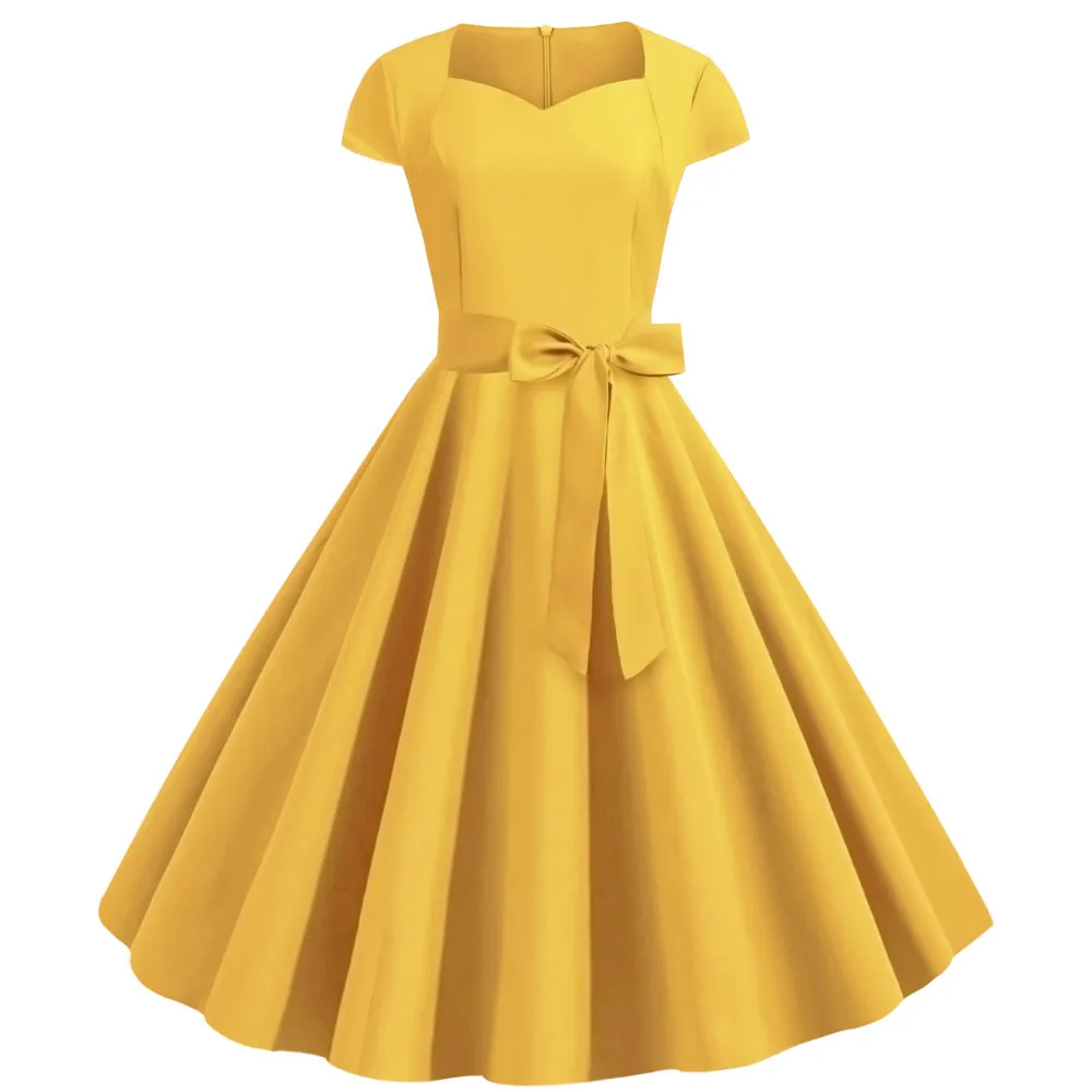 2019 Summer Vintage Dress Robe Femme Women Solid Yellow Square Collar Short Sleeve Rockabilly Party Dresses Knee Length Vestidos
2019 Summer Vintage Dress Robe Femme Women Solid Yellow Square Collar Short Sleeve Rockabilly Party Dresses Knee Length Vestidos