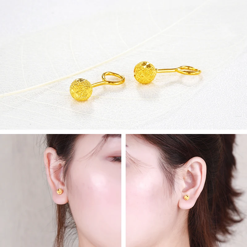 Pure 999 24K Yellow Gold Earrings Women Sandstone Ball Stud Earrings P6273 Pure 999 24K Yellow Gold Earrings Women Sandstone Ball Stud Earrings P6273