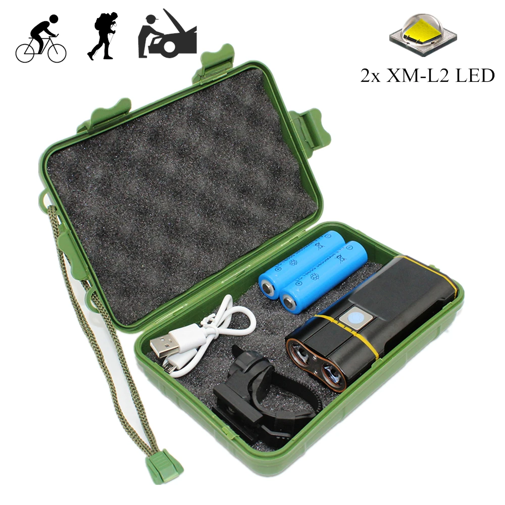 Светодиодный светильник-вспышка USB Перезаряжаемый велосипедный светильник 2x XM-L2