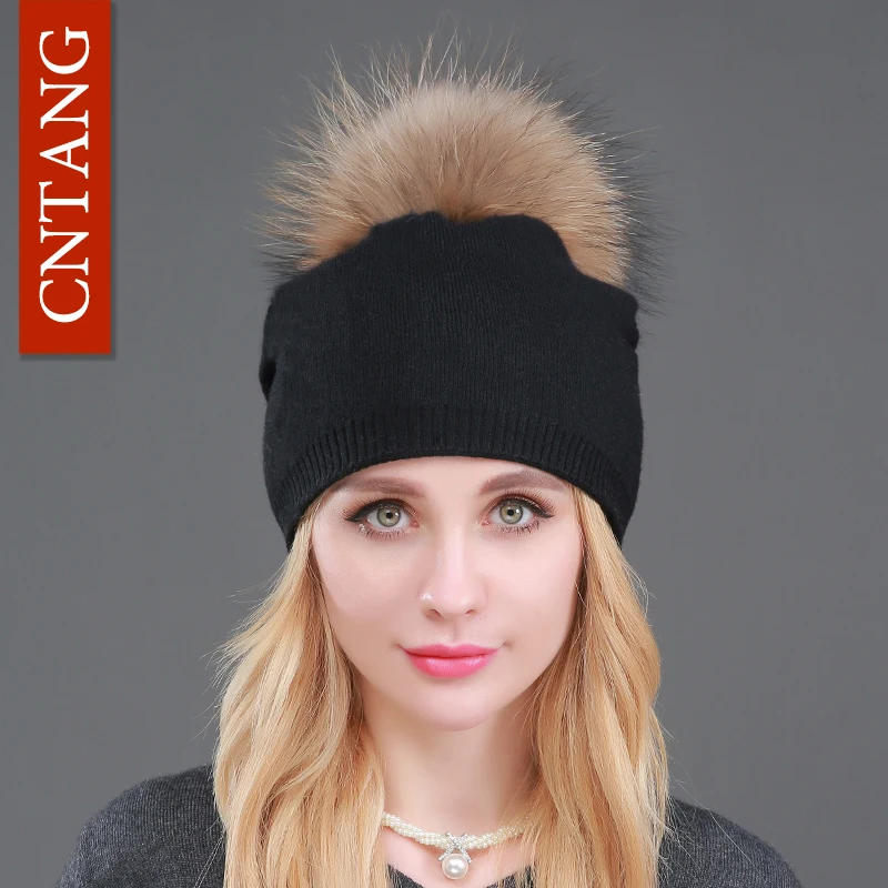 Осенне зимние вязаные шерстяные шапки для женщин модные с помпоном меховая шапка