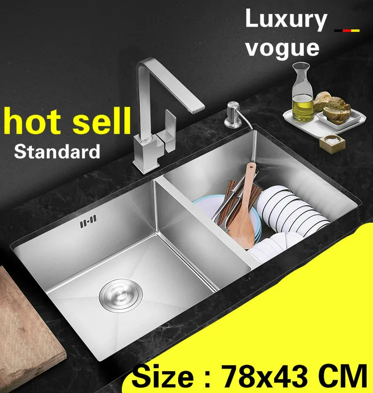 

Free shipping Apartment luxury kitchen manual sink double groove 304 stainless steel standard hot sell 780x430 MM